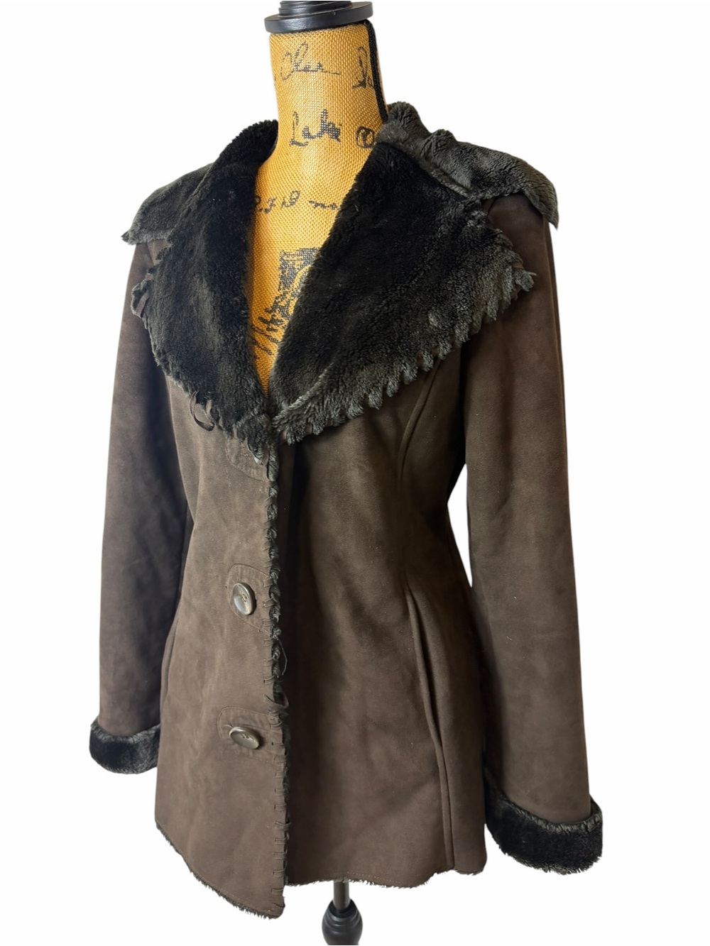 Oscar de la Renta Faux Suede Shearling Trim Coat Jacket Brown M - Picture 3 of 9